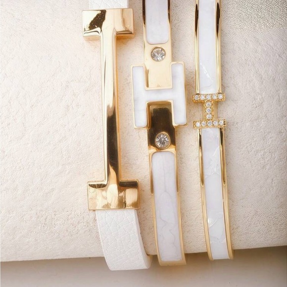 Gold & White Enamel H-Link Bangle Set - Women’s Fashion Jewelry - Picture 2 of 5